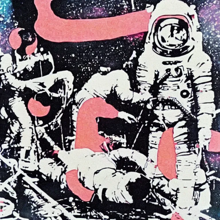 Image similar to moon landing, pink floyd, clockwork orange, conspiracy theory, dreamy artwork