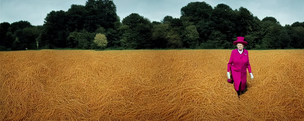 Image similar to queen elizabeth walking through a field of spaghetti in the english countryside, canon 2 0 mm, shallow depth of field, wes anderson, kodachrome