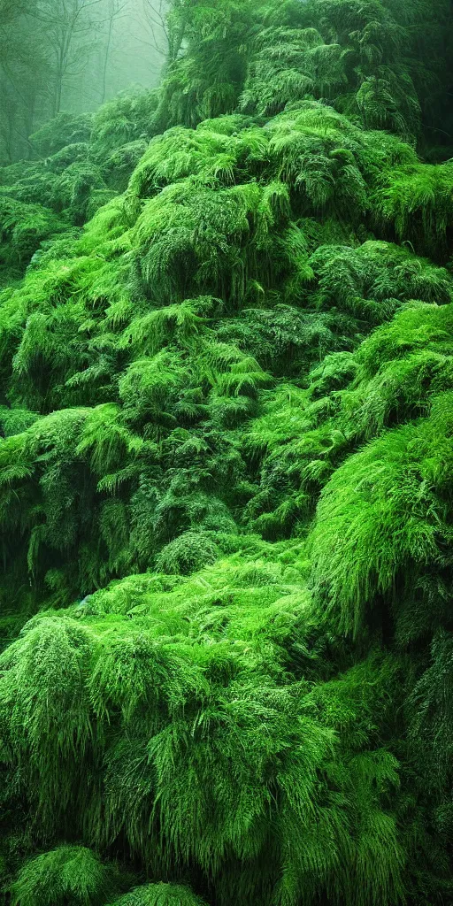 Image similar to a hyper realistic photograph fertile, lush mossy canyon, ferns, minimalist structure, misty, raining, in the style of reuben wu, roger deakins