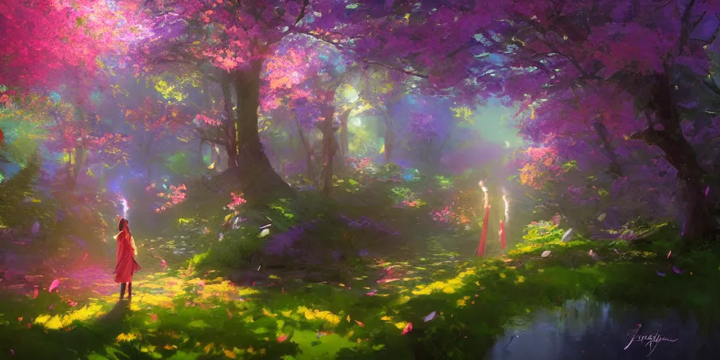 Image similar to spiritual journey through an infinite glowing colorful magical forest, sakura trees, sakura season dynamic lighting, landscape, artwork by jeremy lipkin and giuseppe dangelico pino and michael garmash and rob rey and greg manchess and huang guangjian and makoto shinkai, pixiv, 1 0 0 mm