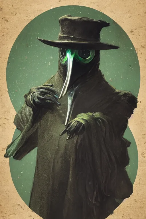 Prompt: A fancy portrait of a green Plague Doctor with a beak like mask on in a medieval village filled with toxic fumes by Greg Rutkowski, Sung Choi, Mitchell Mohrhauser, Maciej Kuciara, Johnson Ting, Maxim Verehin, Bloodborne, 8k photorealistic, volumetric lighting, HD, high details, dramatic, dark atmosphere, trending on artstation