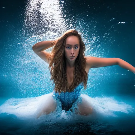 Image similar to alycia debnam as a hydromancer , award winning photography, HDR, studio lighting, dynamic pose, medium close shot, shot on Canon EOS R5, f/2.5,