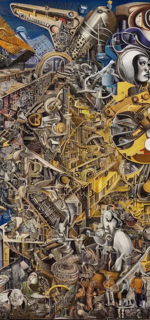 Prompt: epic mural of technological change through history by marcus akinlana, sparse conventional collage, amanita aztec, basil wolverton, mc escher, dali, picasso, hr giger, wheres waldo, cybernetic river of transformation, vibrant but muted colors, gold flake, tin foiling, sharp and clean