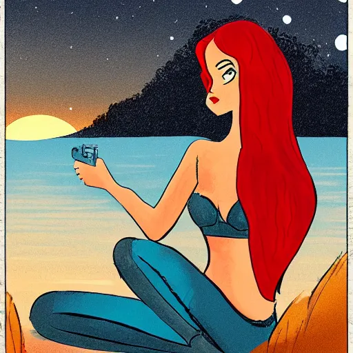 Image similar to a beautiful comic book illustration of a woman with long red hair sitting near a lake at night by darwyn cooke, featured on artstation