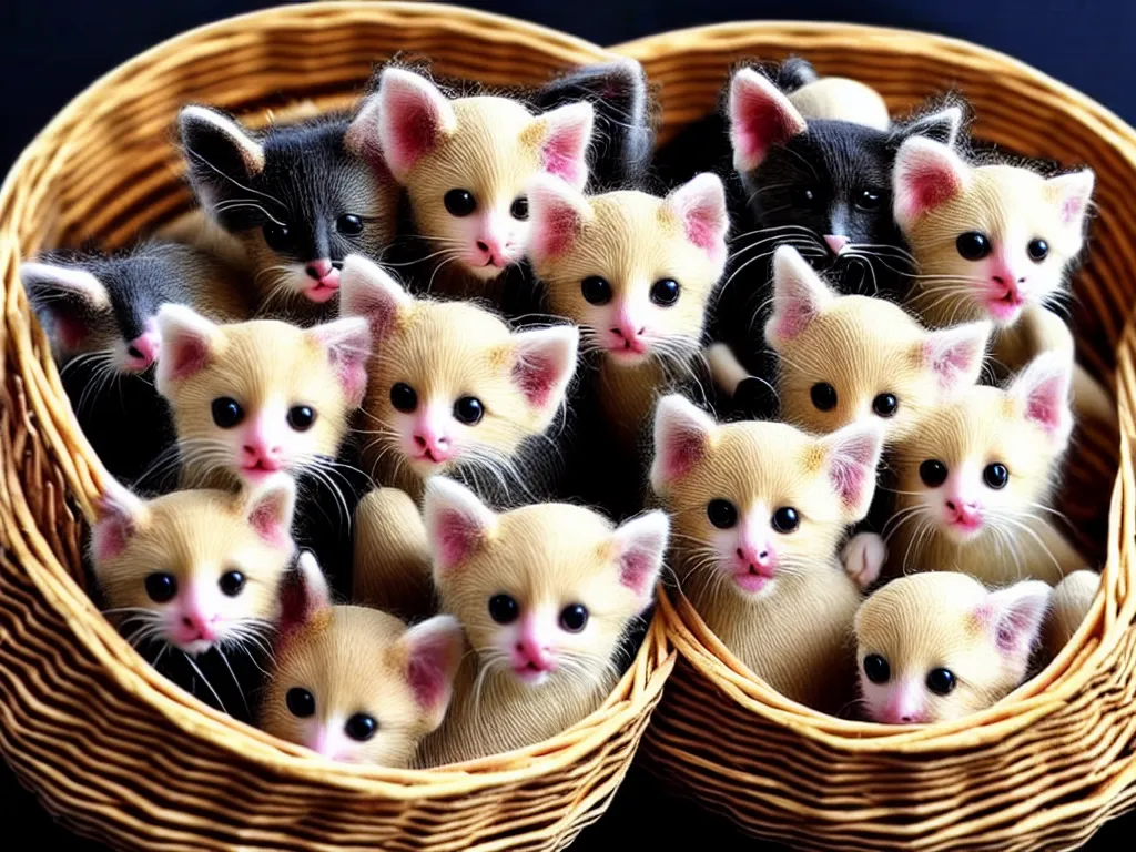 Image similar to a perfect photograph of a basket made of woven kittens, a horrifying concoction of craft, fur, legs and gratuitous nightmares