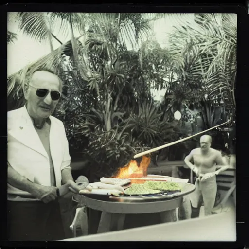 Prompt: polaroid picture of francisco franco grilling skewers in torremolinos with a green thong from bora