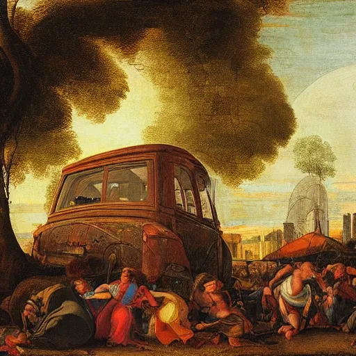 Prompt: gridlock traffic, bumper to bumper, painting by raphael