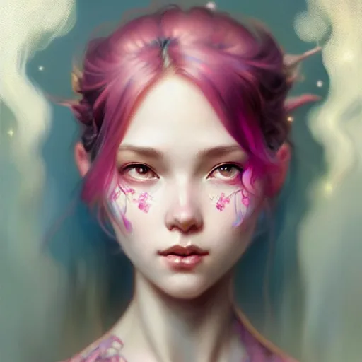 Image similar to Portrait of a eurasian girl with pink hair, glowing skin, fantasy, intricate, elegant, highly detailed, digital painting, artstation, concept art, smooth, sharp focus, illustration, art by Krenz Cushart and Artem Demura and alphonse mucha