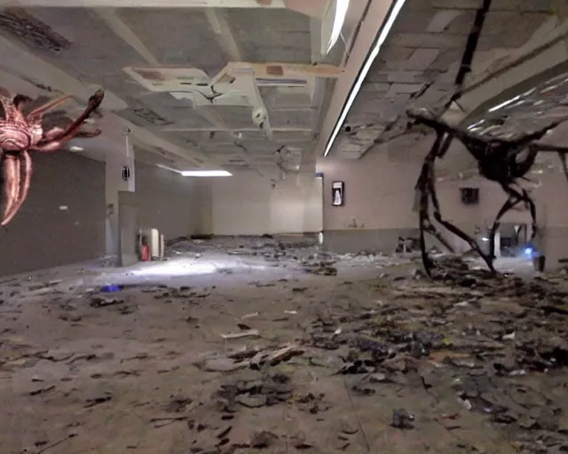 Prompt: camera footage of a gargantuan 15ft spider in an abandoned shopping mall, high exposure, dark, monochrome, camera, grainy, CCTV, security camera footage, timestamp, zoomed in, fish-eye lens, spiders, spider, spider, spider,