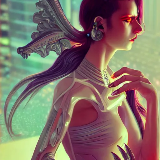 Image similar to portrait futuristic Devil Girl with horns and wings, in future cyberpunk tokyo rooftop , ssci-fi, fantasy, intricate, very very beautiful, elegant, human anatomy, neon light, highly detailed, digital painting, artstation, concept art, smooth, sharp focus, illustration, art by tian zi and WLOP and alphonse mucha