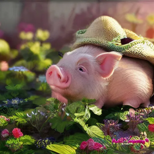 Image similar to cute and adorable miniature piggy pig2 wearing a cute hat on garden during a summer day, highly detailed, digital painting, artstation, concept art, smooth, sharp focus, illustration, art by yee chong and sydney hanson and rossdraws and greg rutkowski