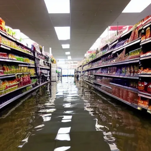 Image similar to photo of a grocery store interior, the floor is flooded with two meters deep water. eerie, volumetric lighting.