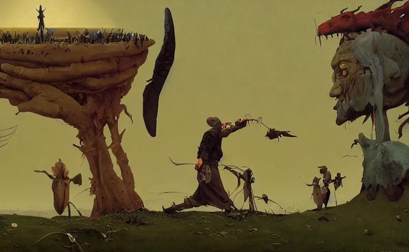 Image similar to full body cinematic fighting of gaunter o'dimm and the unseen elder, concept art, action pose, very coherent and colorful high contrast masterpiece by norman rockwell franz sedlacek hieronymus bosch dean ellis simon stalenhag rene magritte gediminas pranckevicius