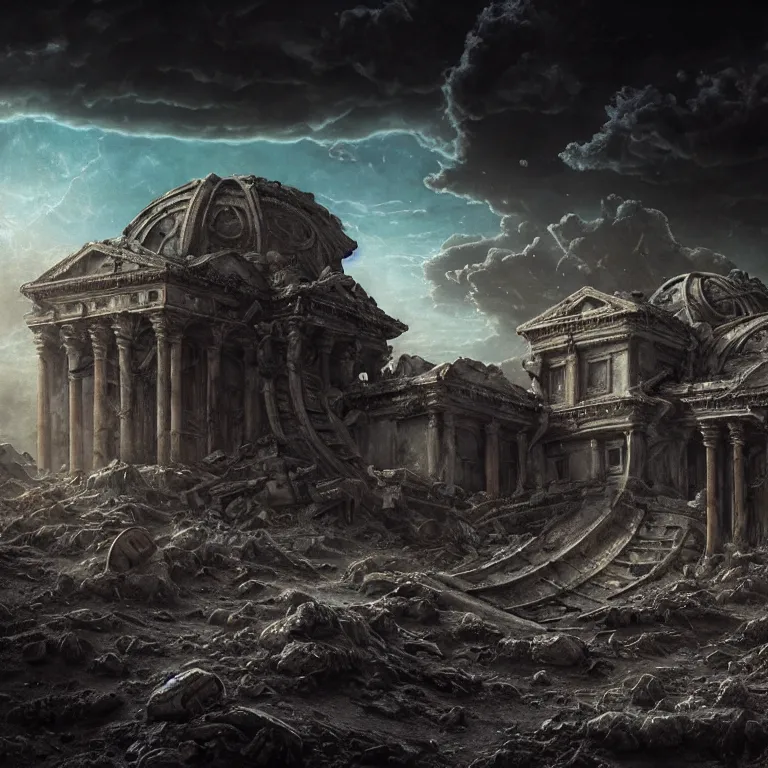 Image similar to surreal ancient alien abandoned temple on exoplanet, wrecked technology, dark clouds, surreal abandoned buildings, dream-like heavy atmosphere, baroque painting, beautiful detailed intricate insanely detailed octane render trending on Artstation, 8K artistic photography, photorealistic, dramatic volumetric cinematic light, chiaroscuro, Raphael, Caravaggio, Beksinski, Giger