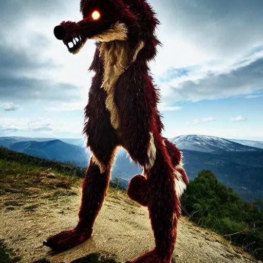 Image similar to a terrifying werewolf fursuit looking out over the hills, editorial photography for national geographic