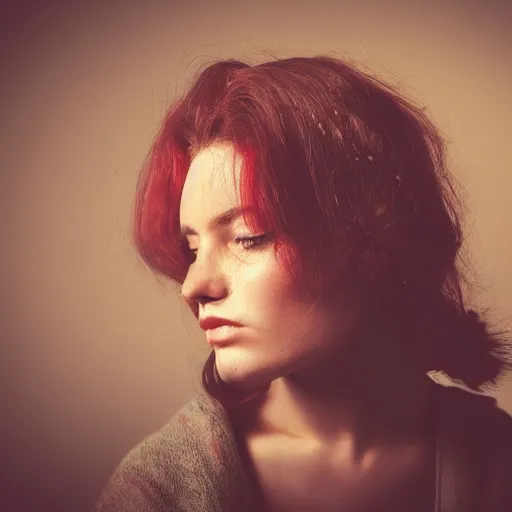 Prompt: a photo of a woman. moody and melanchony. with small amount of red and yellow.