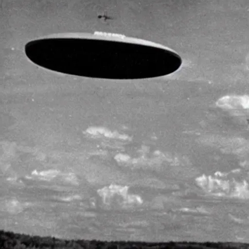 Image similar to in the style of 1 9 5 0 s, a real footage of a scary ufo in the sky, people are running away