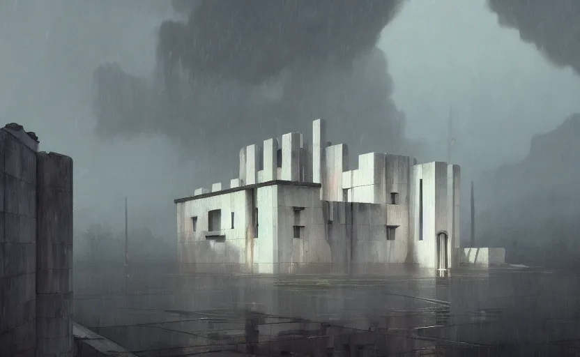 Image similar to painting of a wide angle exterior shot of a white concerete brutalist architecture stronghold modern castle with rainy and moody cinematic lighting by darek zabrocki and greg ruthkowski, alphonse mucha, simon stalenhag and cinematic and blue cold atmospheric, archillect concept art, artstation, trending on artstation