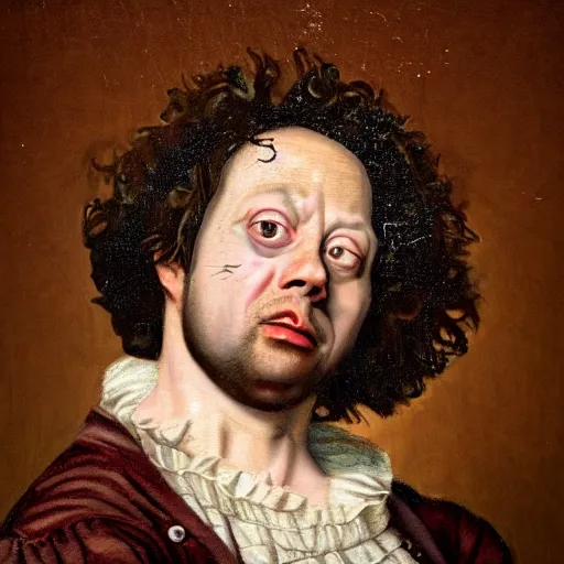 Image similar to A 17th century Baroque Painting of Gene Ween, grainy, realistic, hyperrealistic, very realistic, very very realistic, highly detailed, very detailed, extremely detailed, detailed, digital art, trending on artstation, detailed face, very detailed face, very detailed face, realism, HD Quality, 8k resolution, intricate details, body and head in frame, painting, oil painting, trending on deviantart, Baroque Painting