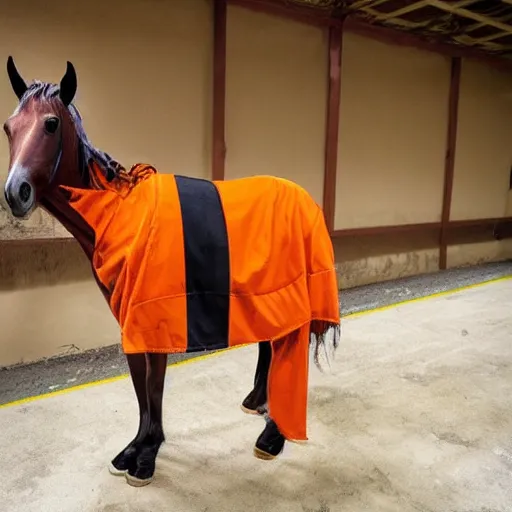 Image similar to horse with orange inmate clothes, in a jail