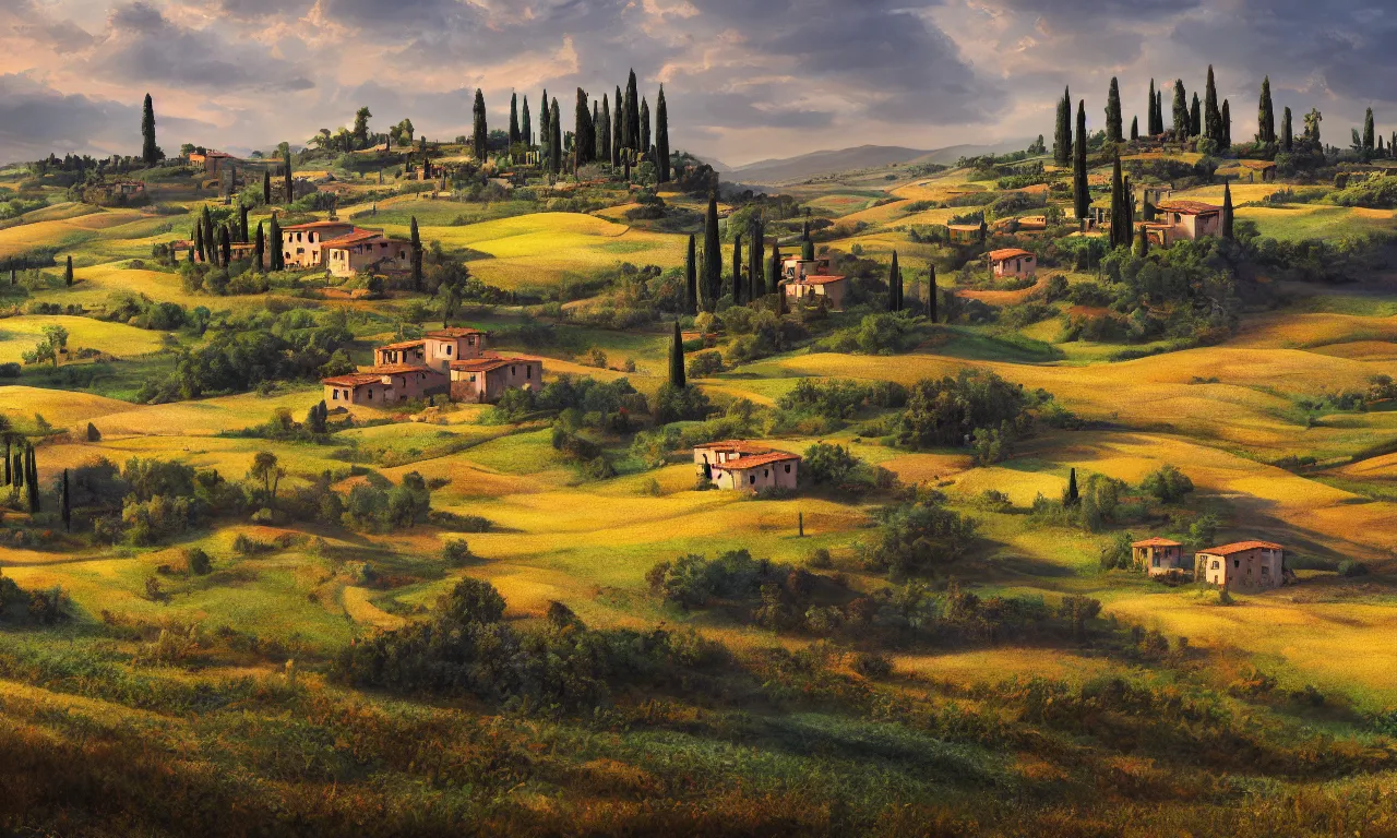 Prompt: Tuscan Countryside painted by Paolo Anesi, vivid colors, high details, cinematic, 8k resolution, beautiful detailed, photorealistic, digital painting, dark atmosphere, artstation, concept art, smooth, sharp focus, illustration, fantasy background, artstation trending, octane render, unreal engine