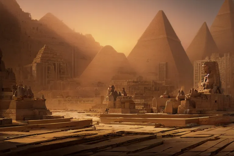 Image similar to futuristic oriental egyptian city, matte painting, long shot, concept art, wide shot, digital art, trending on artstation, 4 k, extremely detailed, realistic, midday, warm colors, golden sunlight, by greg rutkowski, cinematic, epic