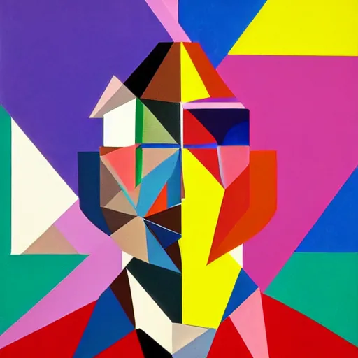 Prompt: a painting of a man's face made up of triangles, a pop art painting by Milton Glaser, featured on behance, crystal cubism, pop art, anaglyph effect, anaglyph filter