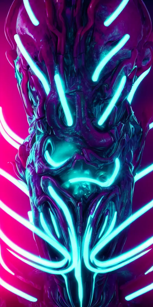 Image similar to synthwave demonic alien face with neon horns, detailed face, sharp focus, synthwave art, aesthetic, octane render, raw, cinematic