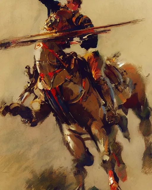 Image similar to close - up portrait of colorful rider pointing jousting lance at camera, caparisons, galloping, chainmail, by greg manchess, bernie fuchs, ruan jia, walter everett