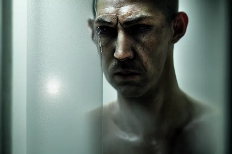 Image similar to an ultra realistic, cinematic, fantasy, portrait, of a prisoner, dramatic, soft light, facial features, stood in a cell, with prison clothing, detailed, deep focus, movie still, dramatic lighting, ray tracing, by michal karcz and yoshitaka amano