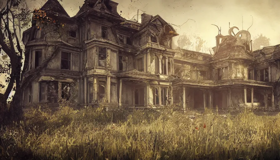 Image similar to abandoned victorian manor, lot of cobwebs, dusty ground, creepy painting, fps view, video game, riflegun, hyperdetailed, artstation, cgsociety, 8 k
