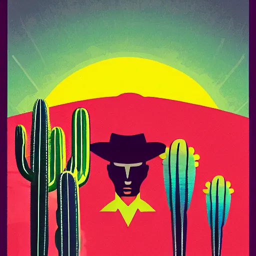 Prompt: digital illustration of cowboy on the range, beautiful New Mexico sunset, cactus, Art Deco, dark deco, award-winning composition, Adobe Illustrator, vibrant colors, vivid color, solid coloring, clean lines, clean ink, animated series, by Eric Radomski