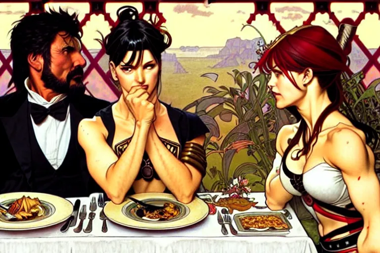 Image similar to xena warrior princess eating at a restaurant, with a hispanic man in a suit as her companion, art by artgerm and greg rutkowski and alphonse mucha