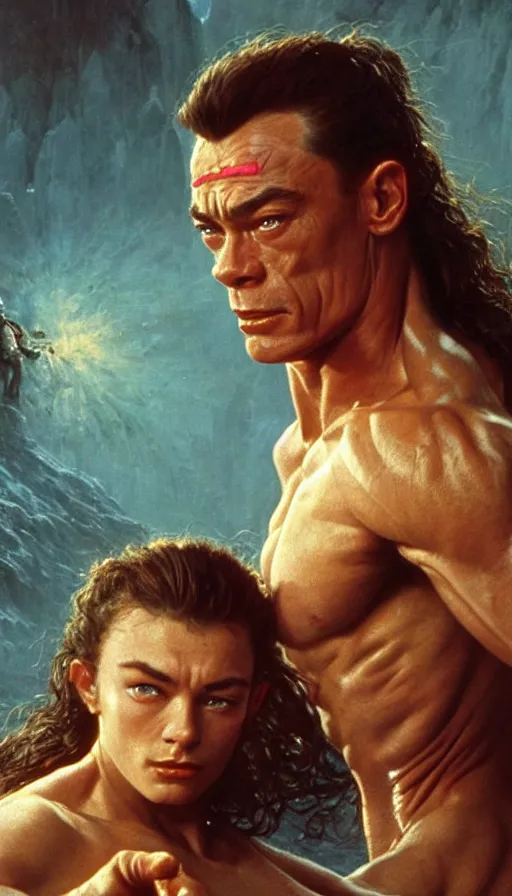 Prompt: young jean claude van damme and a young peasent woman, lord of the rings, conan, amazing beauty, visor, neon tattoo, styled hair, decorated ornaments by carl spitzweg, ismail inceoglu, vdragan bibin, hans thoma, greg rutkowski, alexandros pyromallis, perfect face, fine details, realistic shaded