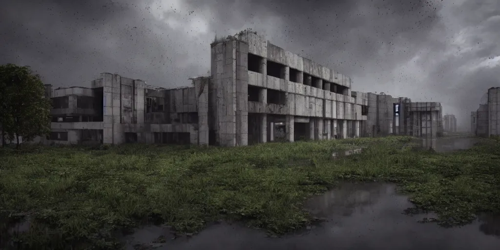 Image similar to brutalist architecture abandoned hospital, surrounded by lush green forest and murky ponds of water, stunning volumetric lighting, sundown, stunning skies, trending on Artstation, 8k, photorealistic, hyper detailed, unreal engine 5, IMAX quality, cinematic, epic lighting, cryengine, octane render, gloomy, foggy, dark