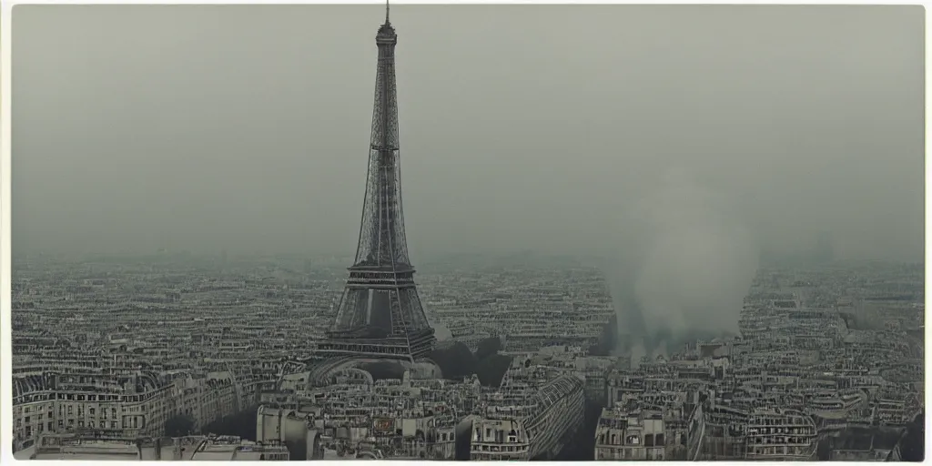 Prompt: extensive smoke rising from the top of the eiffel tower, aerial view, several police cars and crowds running across the ground, polaroid, 6 0's, hyperrealism, no blur, 4 k resolution, ultra detailed