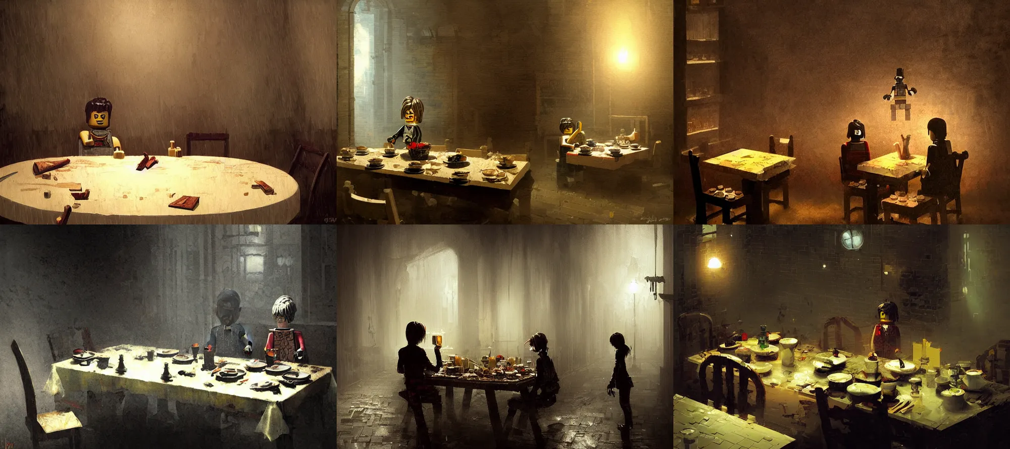 Prompt: lego silent hill eating dinner at a table in the backrooms happiness is temporary by greg rutkowski