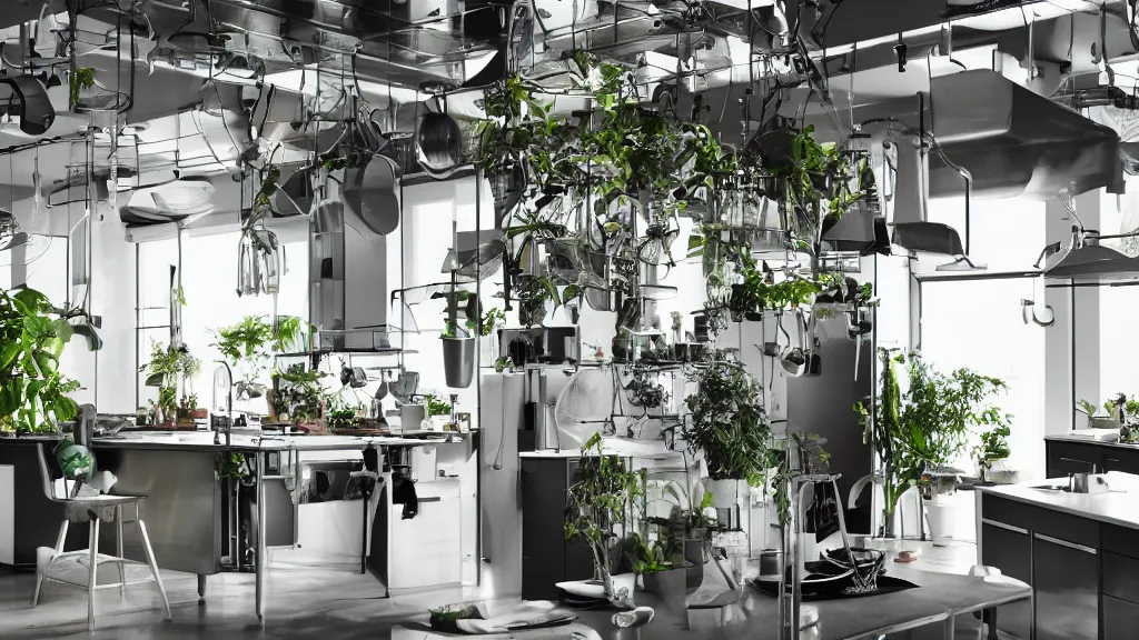 Prompt: Ikea catalogue photo, high end technological cyberpunk house style kitchen, intricate statues, various lush plant life, iridescent flooring, riveted steel furniture