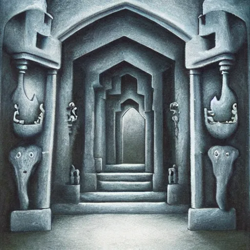 Prompt: main entrance of a castle with subtle lovecraftian vibes, ethereal, oil painting, mc escher