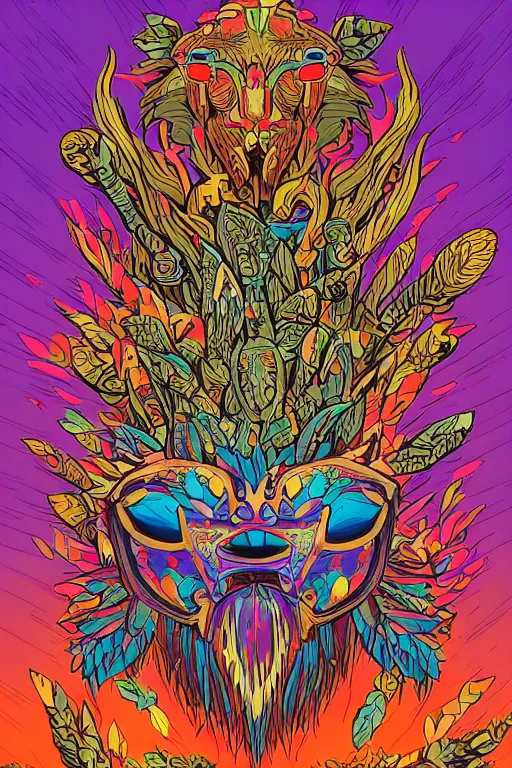 Image similar to animal mask totem roots flower tribal feather gemstone plant wood rock shaman vodoo video game vector cutout illustration vivid multicolor borderlands comics by josan gonzales and dan mumford radiating a glowing aura