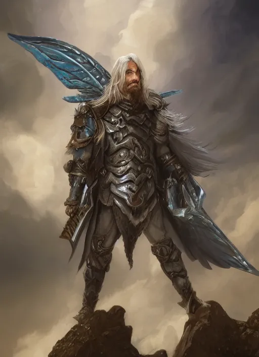 Prompt: an epic fantastic realism comic book style portrait painting of an aasimar paladin, male, shaggy silver hair, short brown beard, steve argyle, charlie bowater, mark brooks, gerald brom, d & d concept art, unreal 5, daz, teal aesthetic, octane render, cosplay, rpg portrait, dynamic lighting