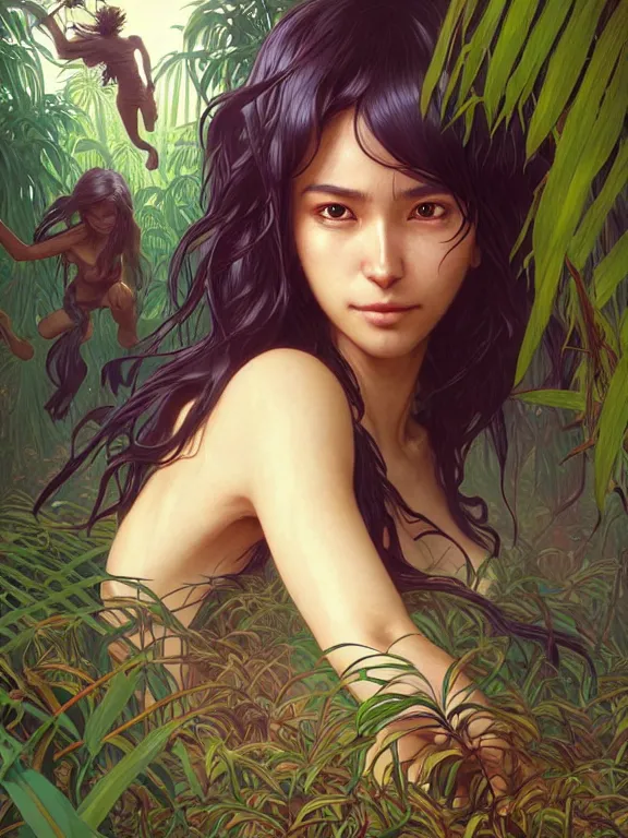 Image similar to full body picture of a female traveler lost in jungle maze, tired, beautiful and aesthetic, intricate, unreal engine, messy hair, highly detailed, detailed face, smooth, sharp focus, chiaroscuro, manga illustration, artgerm, greg rutkowski, ilya kuvshinov, rossdraws, alphonse mucha, young adult light novel cover art