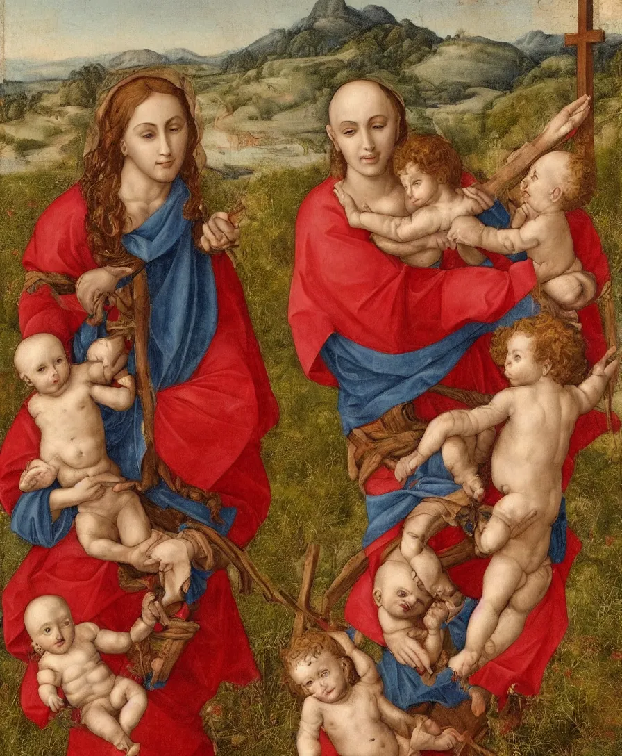 Image similar to Detailed Portrait of Madonna, curly red hair red shirt blue cloth, with infant Jesus, bald, holding a thin cross and fighting with another boy in front of Madonna in the style of Raffael. They are sitting in a dried out meadow near Florence, red poppy in the field. Empty Middleground. On the horizon, there is a blue lake with a town and blue mountains. Flat perspective.