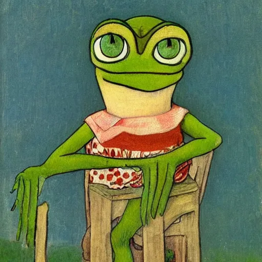 Prompt: pepe the frog in the village, uncropped, painted by carl larsson