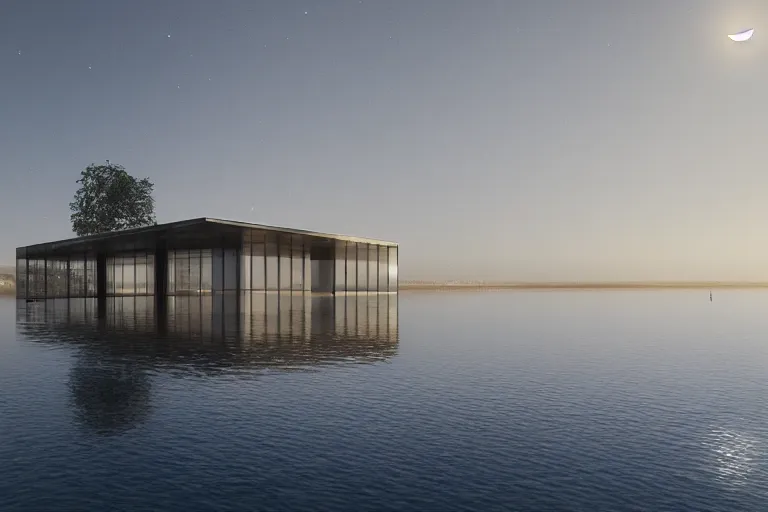 Image similar to many white egg shaped spherical spaces ， intersect and bite to form a modern science fiction building ， by pierre bernard, on the calm lake, people's perspective, future, interior wood, marble, award winning, highly detailed 4 k art, dusk, unreal engine highly rendered, global illumination, radial light, internal environment