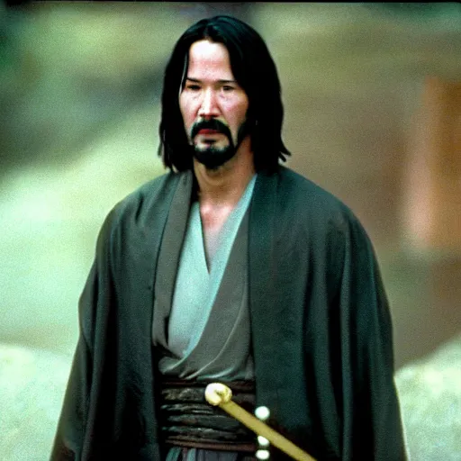 Image similar to cinematic film still of Keanu Reeves starring in a Steven Spielberg film as A Japanese Samurai at a temple, 1999, shallow depth of field, photograph, natural lighting