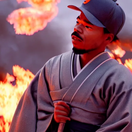 Image similar to cinematic film still of Chance The Rapper starring as a Samurai holding fire, Japanese CGI, VFX, 2022, 40mm lens, shallow depth of field, film photography