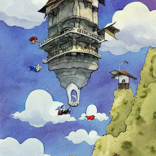 Image similar to laputa castle in the sky hayao miyazaki flying high in the sky, watercolor illustration for a book