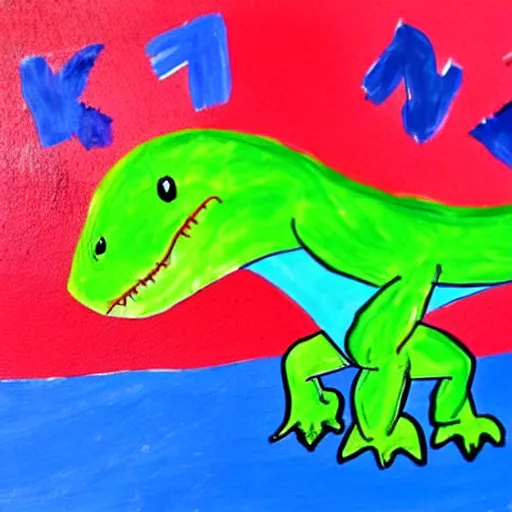 Image similar to a child's painting of a friendly dinosaur