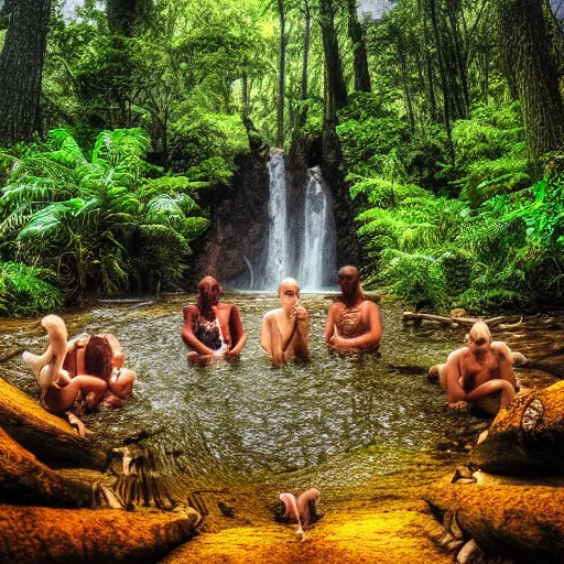 Image similar to gods in forest, three eyed, wide shot, feet in water, vivid colors, foreheads with eyes, ground very detailed, wet eyes reflecting into eyes reflecting into infinity, natural lighting